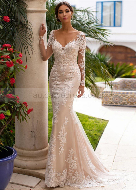 V Neck Ivory Lace Tulle Wedding Dress With Champagne Lining